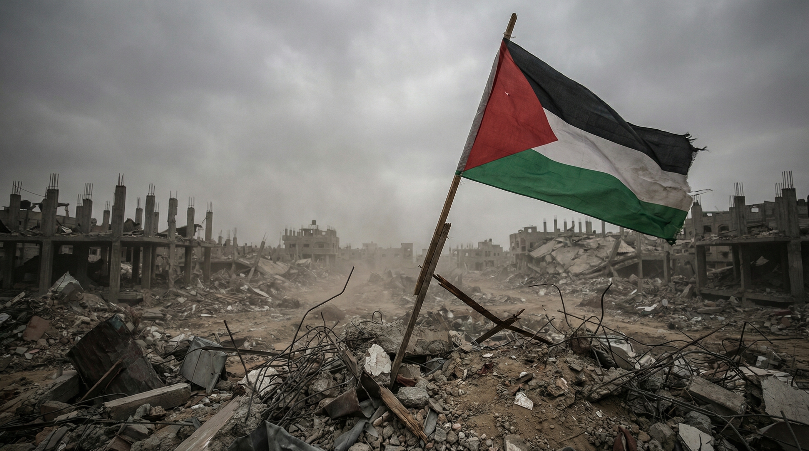 Palestinian flag standing amid the ruins of bombed buildings in Gaza